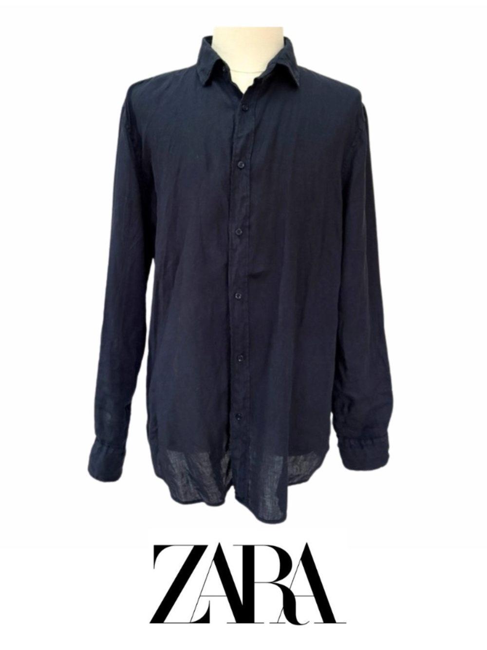 ZARA | Men's 100% Linen Shirt – Dark Navy (Size XL)